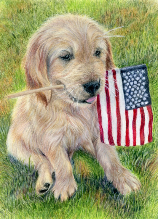 “Patriotic Puppy” – Original Pastel & Colored Pencil Artwork (Framed)